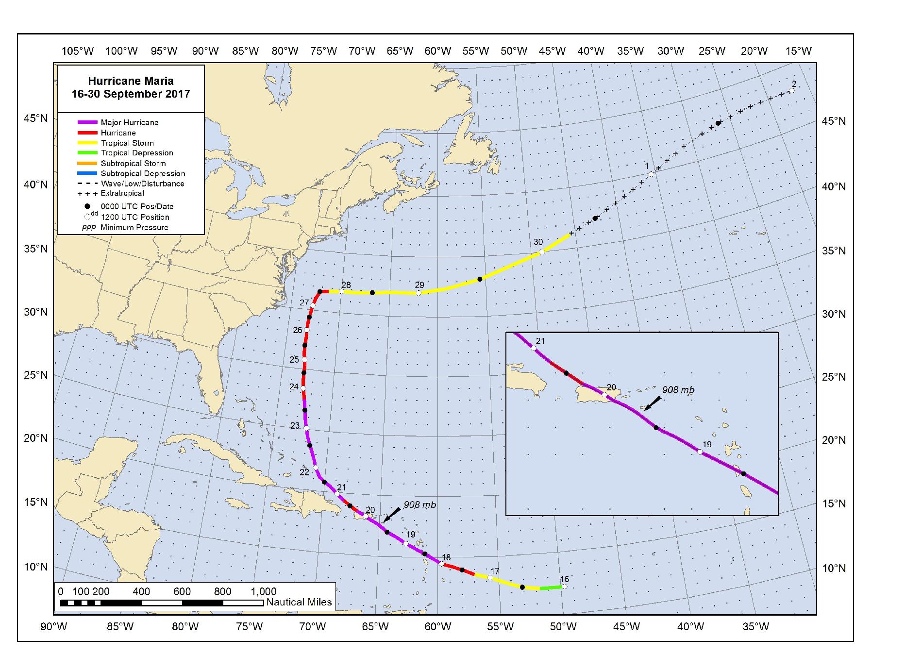 Best track positions for Hurricane Maria, 16 to 30 September 2017, from the National Hurricane Center's tropical cyclone report.