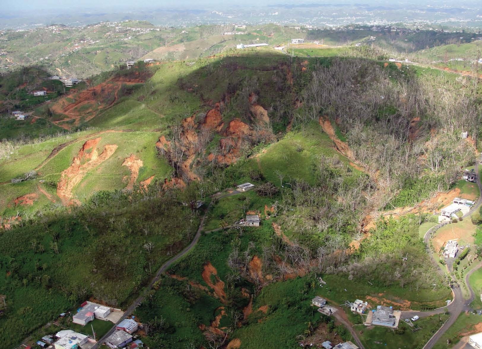 Landslides triggered by Hurricane Maria in the mountains near Corozal, Puerto Rico, photographed from the air.