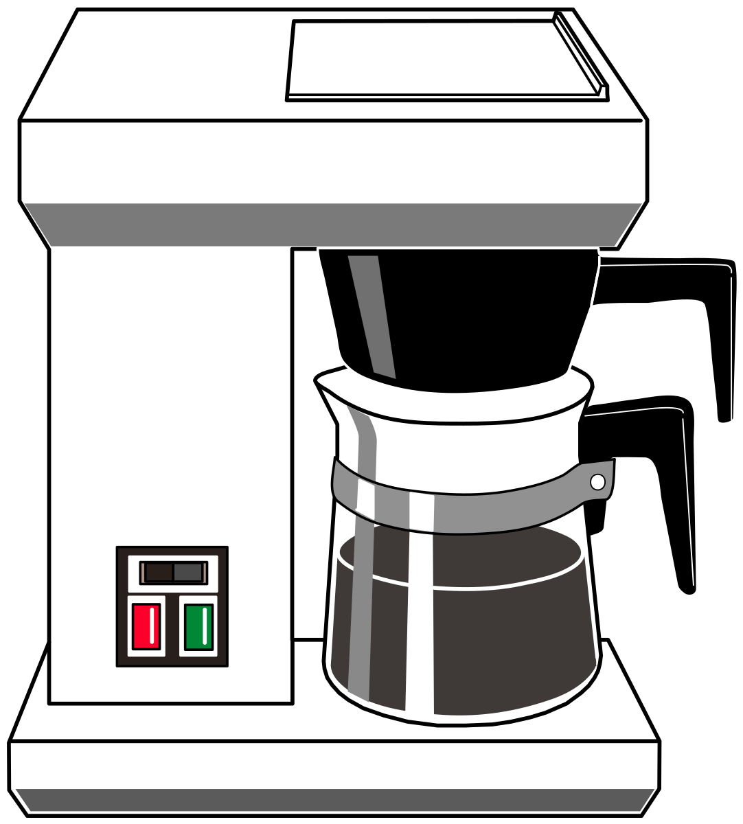 A drawing of an automatic drip coffee maker, with its filter basket above a glass carafe of brewed coffee.