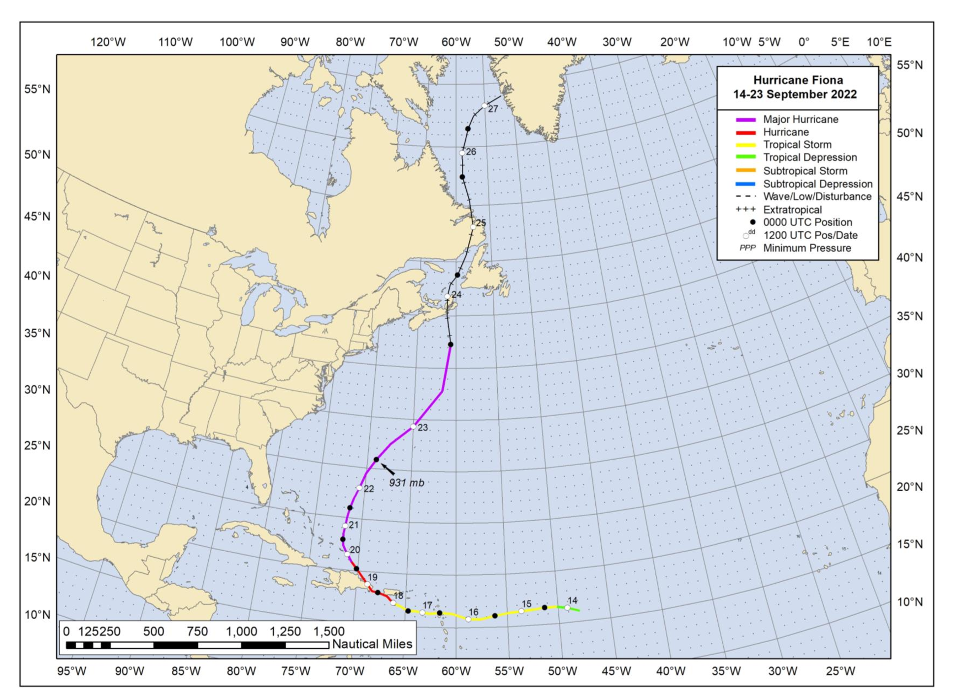 Best track positions for Hurricane Fiona, 14 to 23 September 2022, from the National Hurricane Center's tropical cyclone report.