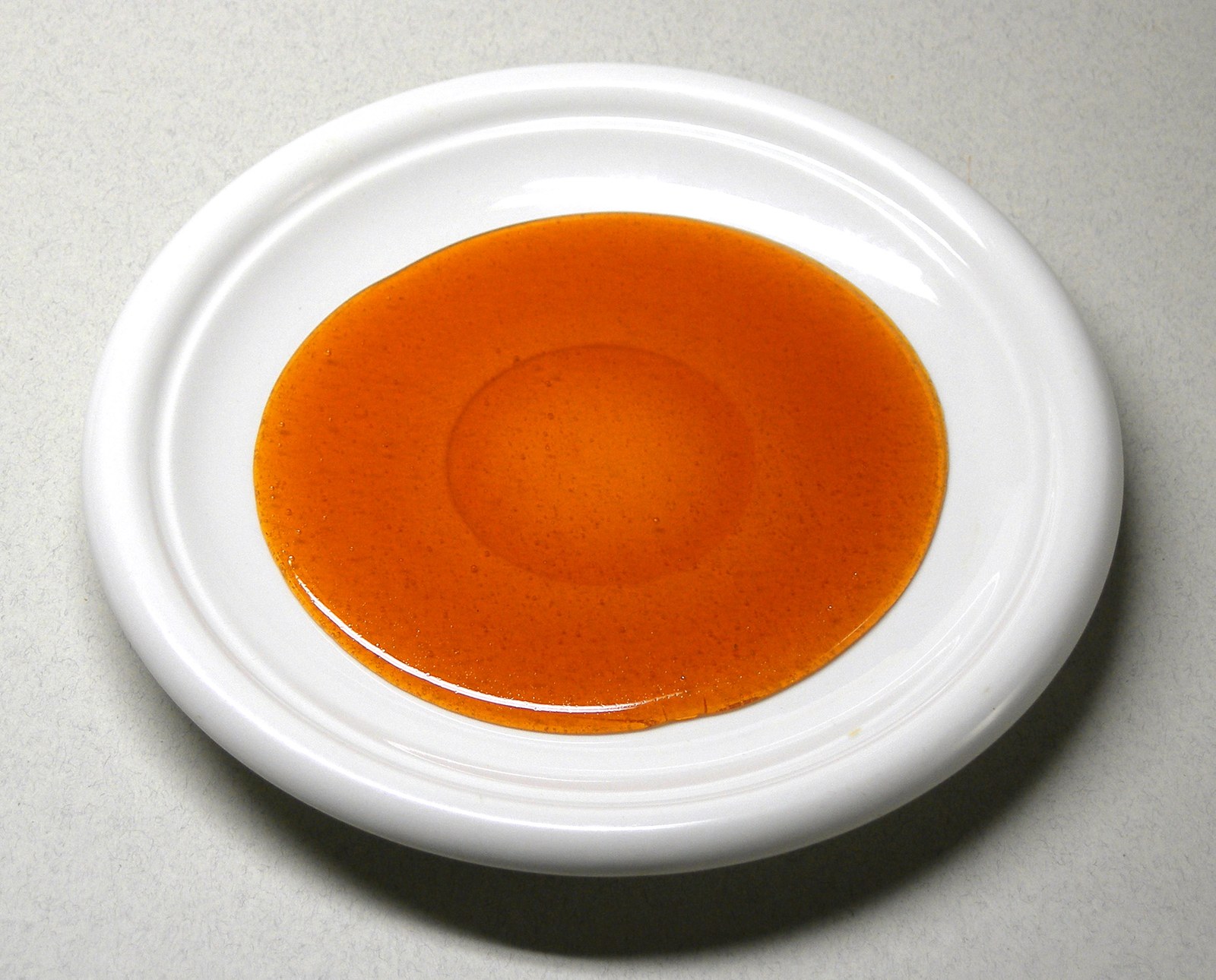 A pool of amber caramel on a white plate.