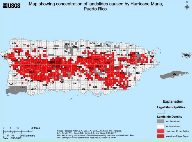 A map of landslides triggered by Hurricane María across Puerto Rico.