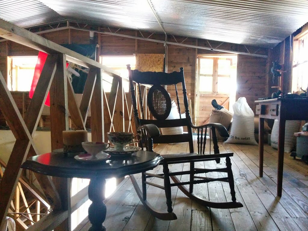 Inside Hacienda San Pedro at barrio Coabey, Jayuya, Puerto Rico: a carved rocking chair, a small table set with porcelain cups, and sacks marked 100 lbs netas stacked against a timber and corrugated-iron wall.