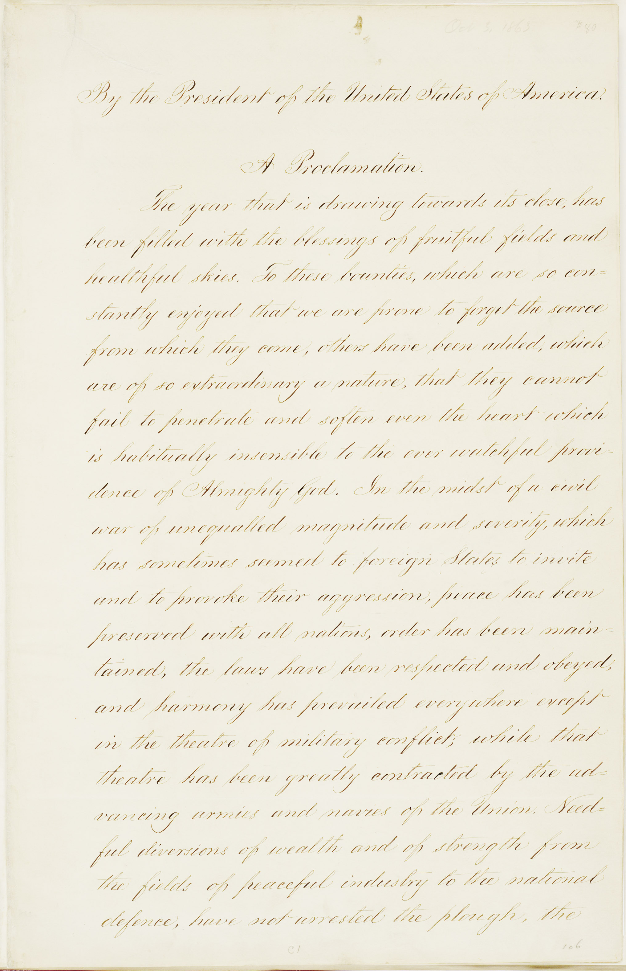 The first handwritten page of President Abraham Lincoln's Thanksgiving Day Proclamation of 3 October 1863.