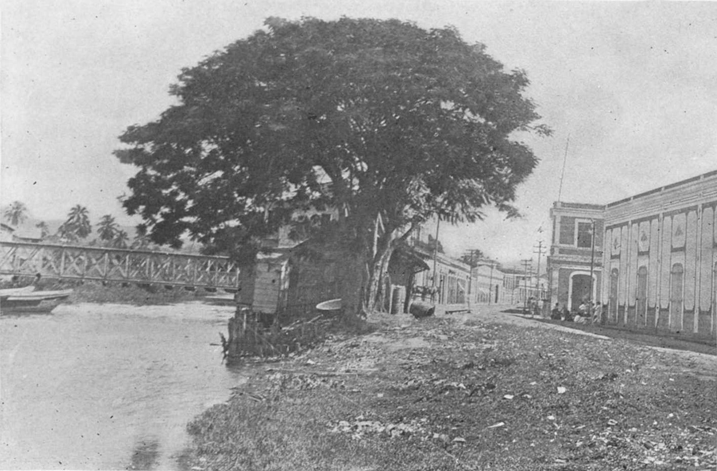 A black-and-white view of a riverbank with a large tree, a metal truss bridge and two-storey buildings along a street.